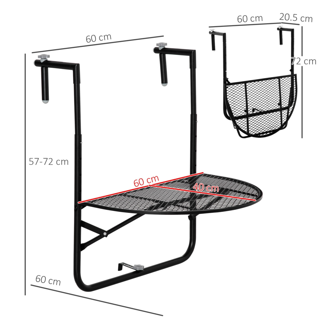 Tavolo da Ringhiera Pieghevole e Regolabile in Metallo, 60x60x57-72cm, Nero