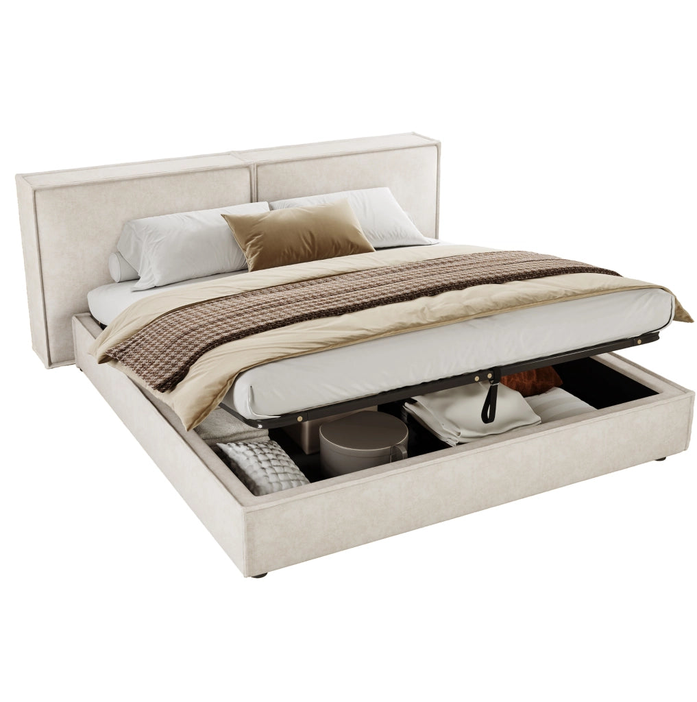 Letto matrimoniale contenitore 160x200 cm con rete e testiera imbottita in bouclé bianco