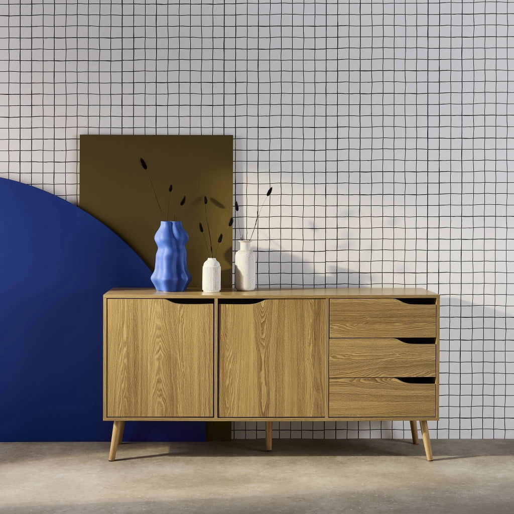 Credenza scandinava a 2 ante effetto legno di noce, 160cm, effetto
