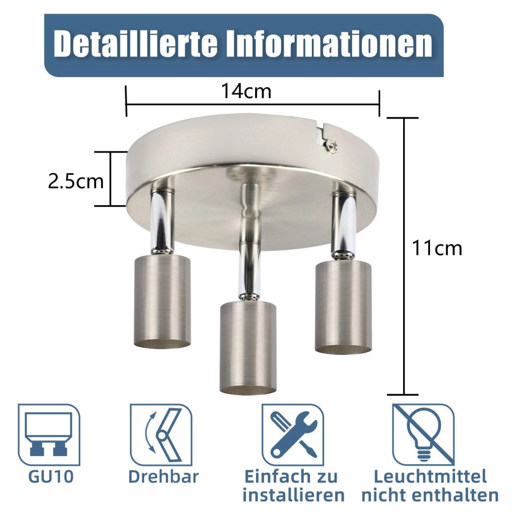 ZMH Faretto da soffitto circolari nichel 3 luci GU10 regolabili 350° stile moderno per soggiorno camera max 25W