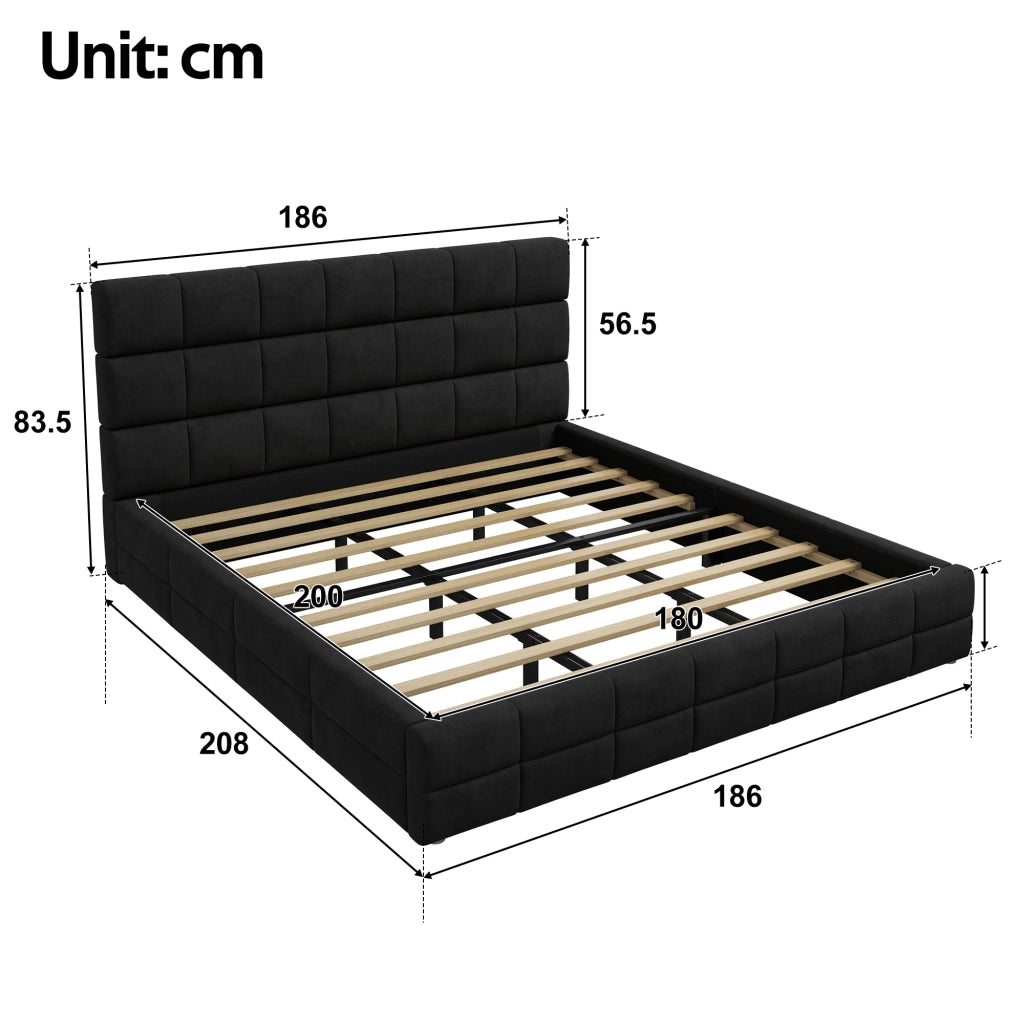 Letto imbottito 180 × 200 cm con testiera, senza materasso, in velluto, nero