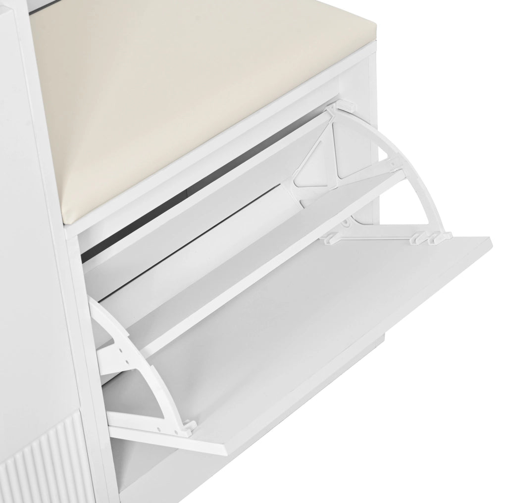 Guardaroba compatto da ingresso con scarpiera; panca; specchio e LED controllabile via app; bianco