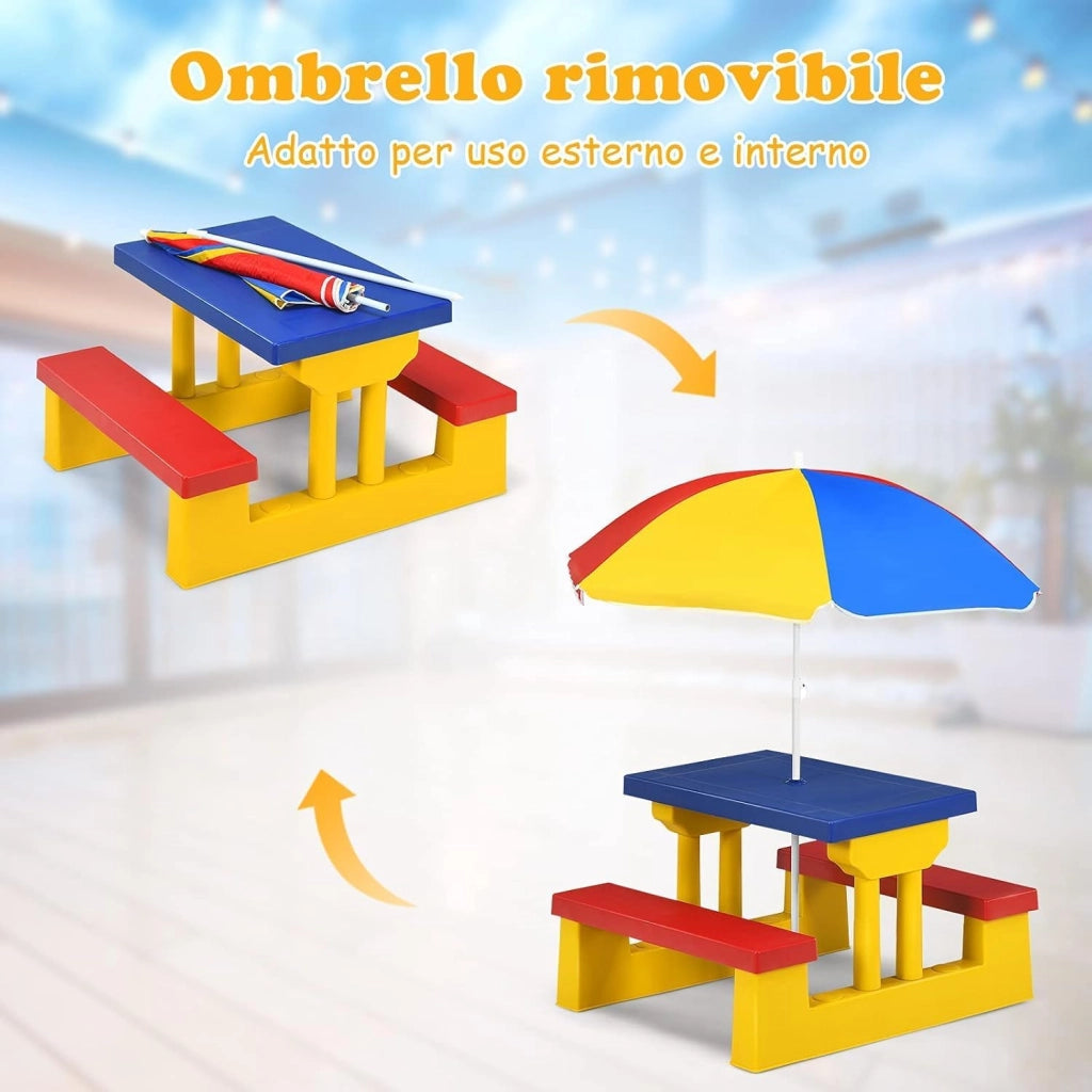 Tavolo da Picnic per Bambini con Parasole Pieghevole, Set di Tavolo e Panche per Festa e Picnic (Colore 1)