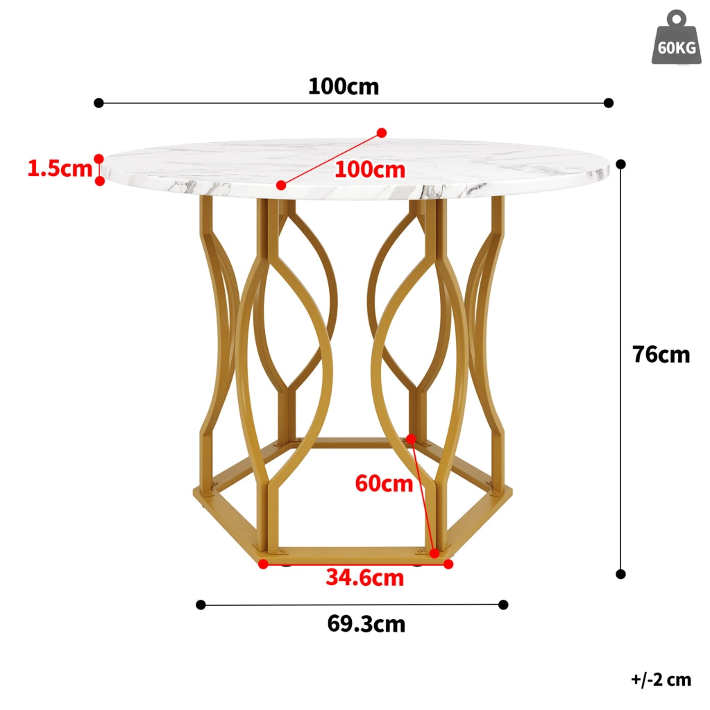 Tavolo da pranzo 100x100x76 cm con piedini regolabili in MDF e metallo dorato e bianco