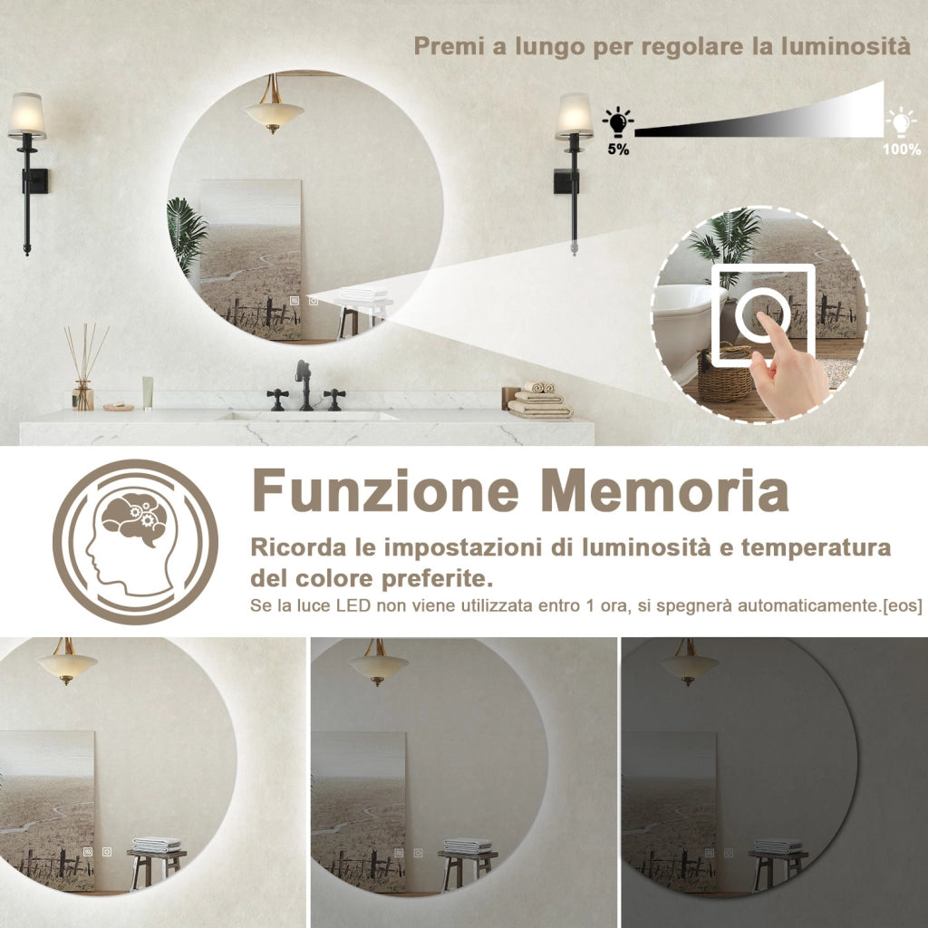 Specchio bagno Tondo 50cm Retroilluminato Con Led, Antiappannamento + 3 Luci