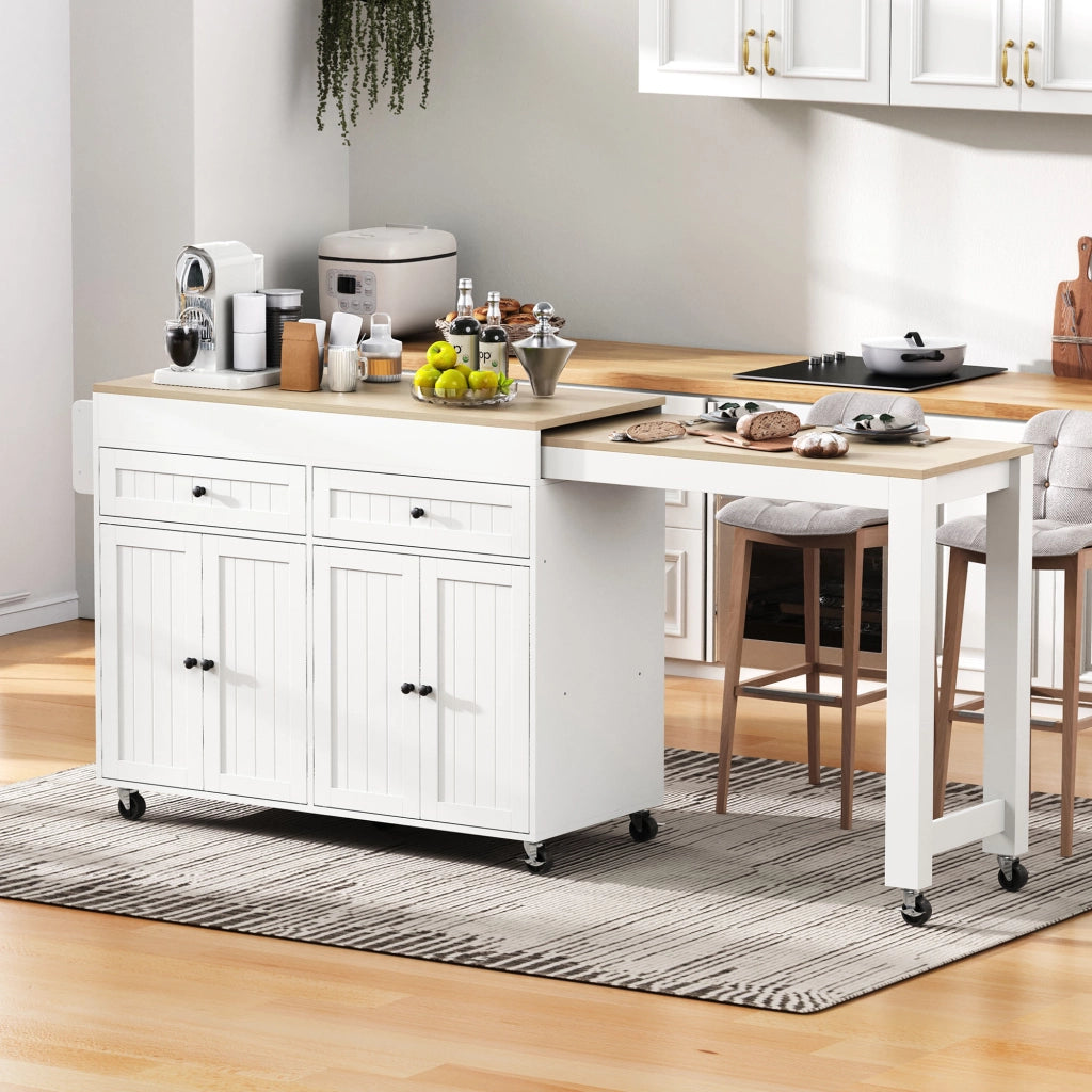 Carrello da Cucina con Cassetti e Piano Estensibile con Ruote per Cucina e Sala da Pranzo in MDF 112-180.5x45x92.2 cm Bianco e Naturale