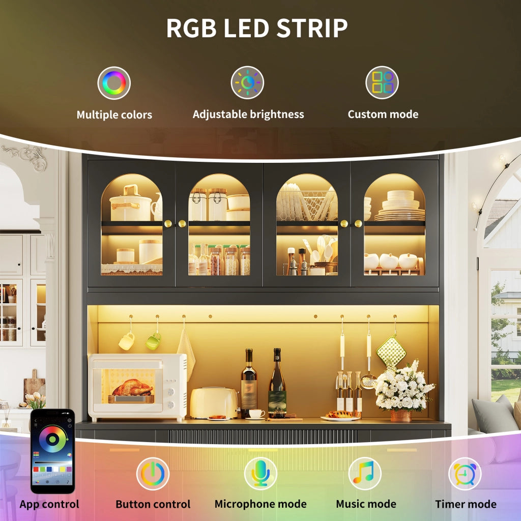 Credenza alta da cucina con LED RGB e app, 3 vetrine, cassetti e ripiani estraibili, nero, 120 × 40 × 187 cm