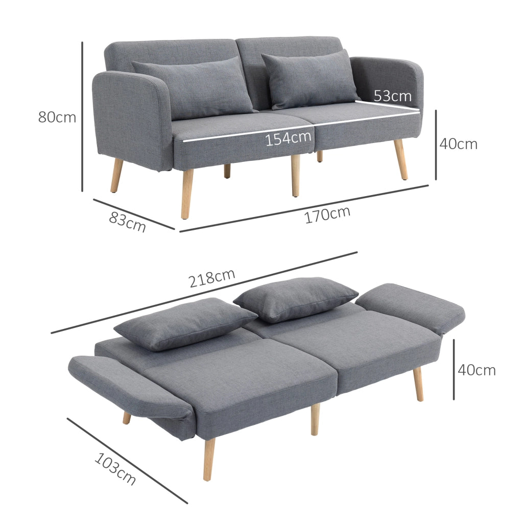 Divano letto convertibile a 3 posti con schienale regolabile, 170x83x80 cm, tessuto effetto lino, grigio
