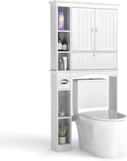 Mobiletto Spora WC 80 x 21 x 165 cm, Scaffale Lavatrice con 2 Ante, Ripiano Regolabile, Barra Inferiore e Porta Carta Igienica, Mobile Portabiancheria per Bagno