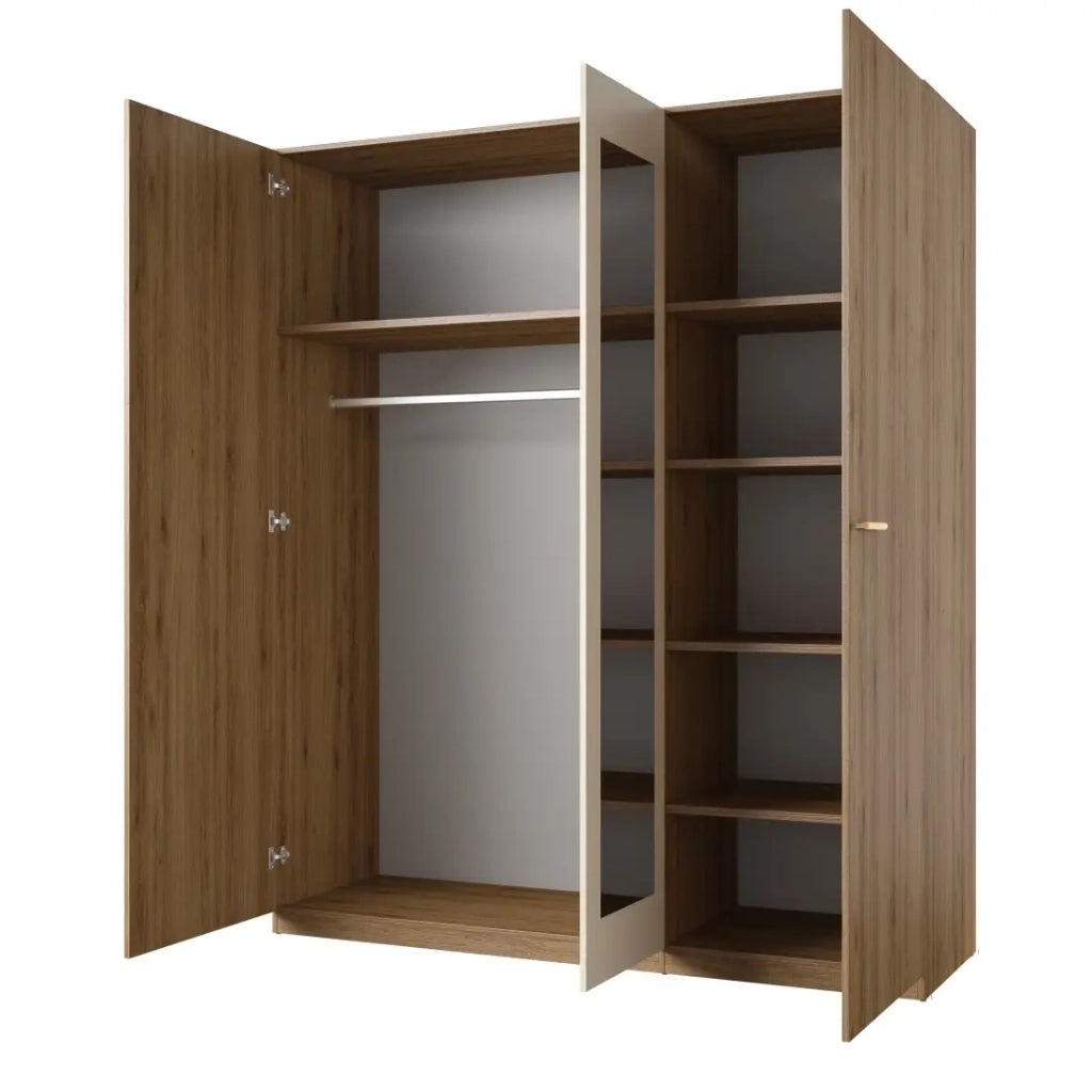 Armadio VERTIGO - 3 porte 179x215 cm – Rovere selvaggio e beige sabbia – Con specchio centrale
