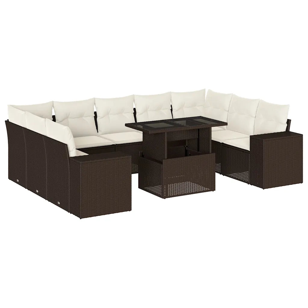 Set Divani da Giardino 10pz con Cuscini in Polyrattan Marrone