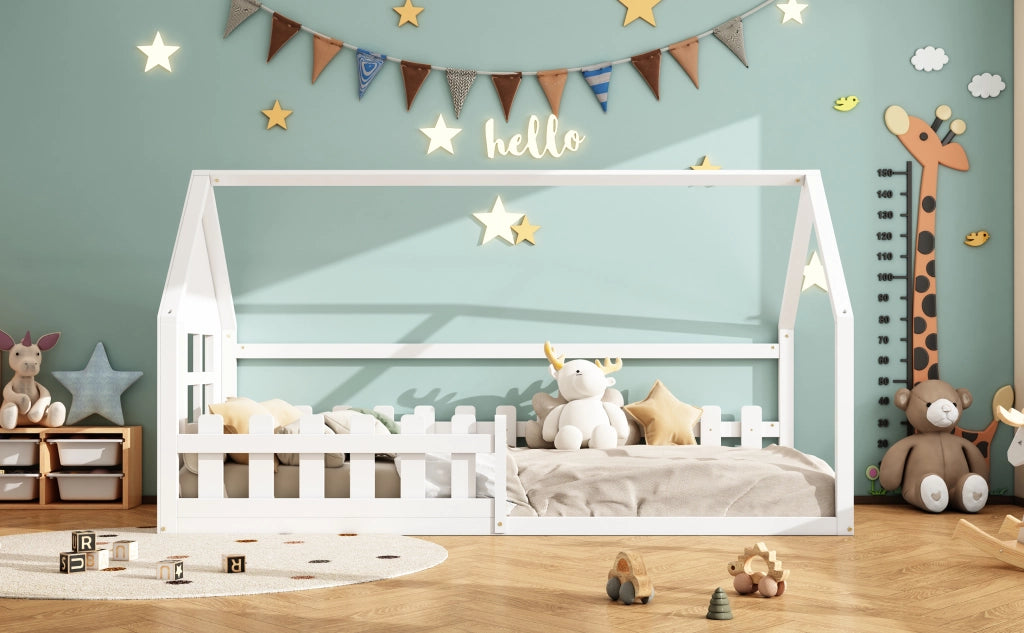 DESMIU Letto per Bambini a Casetta 1 Posto con Struttura a Casa, 90 × 200 cm, Senza Materasso, in Pino e MDF, Bianco