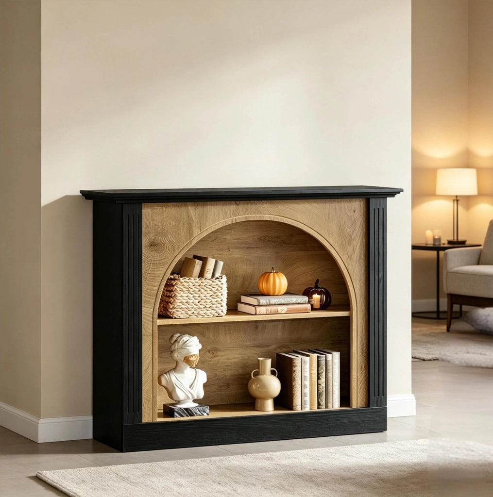 Tavolo consolle a 3 livelli in legno nero e rustico; piano 110 x 30 cm