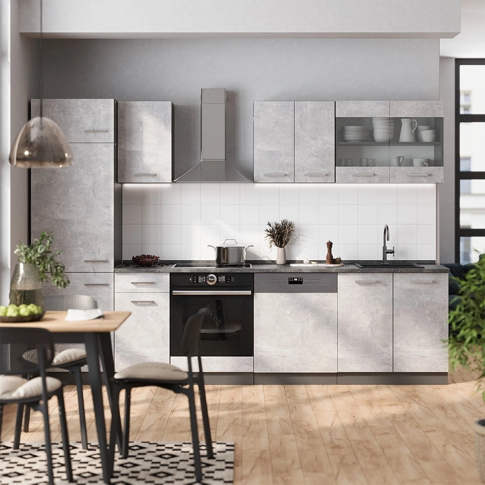 Cucina componibile R-Line Calcestruzzo/Antracite 300 cm, PL Rovere Vicco