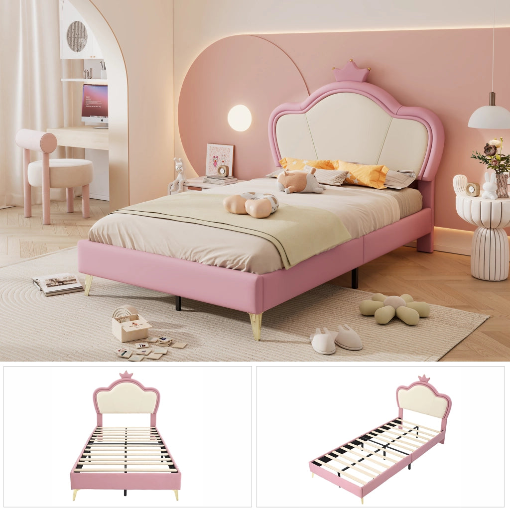 Letto per Bambini 90 x 200 cm; Letto Singolo - Testiera con Corona - PU - Rosa e Bianco