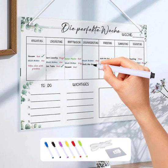 Calendario settimanale per la pianificazione - riutilizzabile - 1 pezzo - acrilico - 30 x 20 cm