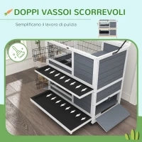 Conigliera in Legno da Interno a 2 Livelli con Ruote, Vassoi Estraibili e Rampe, Grigio