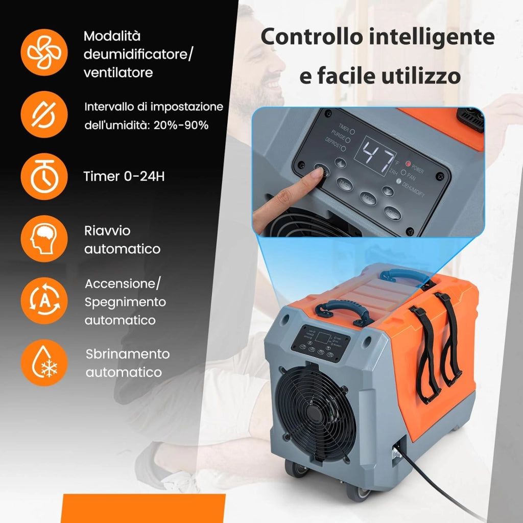 Deumidificatore Commerciale 85 L/Giorno, Deumidificatore con Pompa e Tubo di Scarico, Sbrinamento Automatico, 2 Ruote e Maniglia Pieghevole, Timer 24H, per Cantina Magazzino (Arancione)