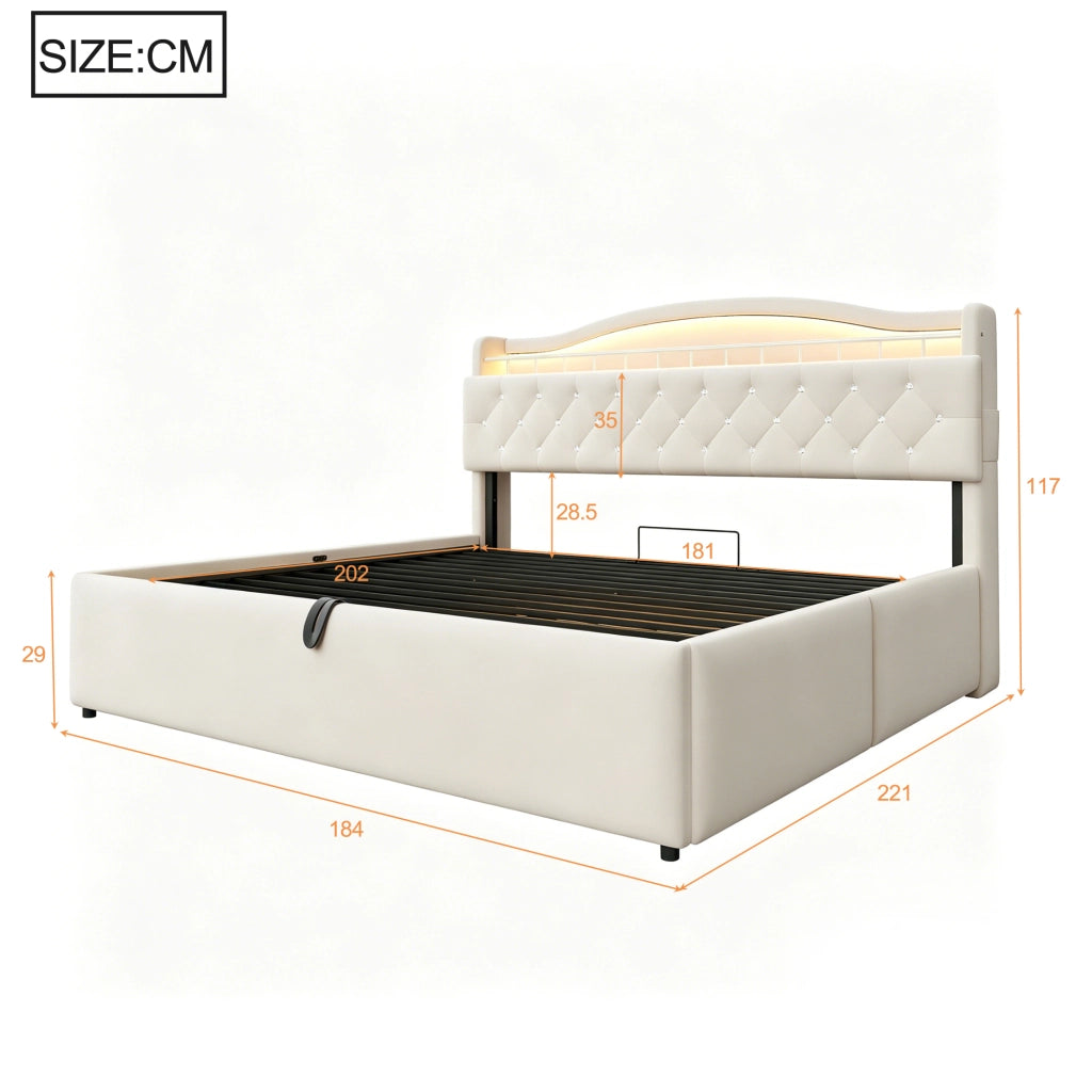 LETTO Contenitore 180x200 cm in tessuto beige con LED, USB e USB-C