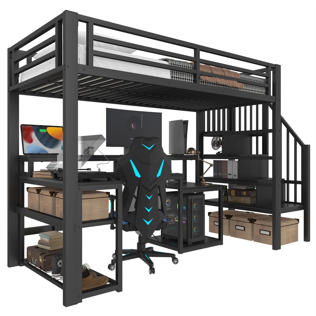 Letto a soppalco 90 x 200 cm in metallo nero con scrivania, LED, USB e contenitori