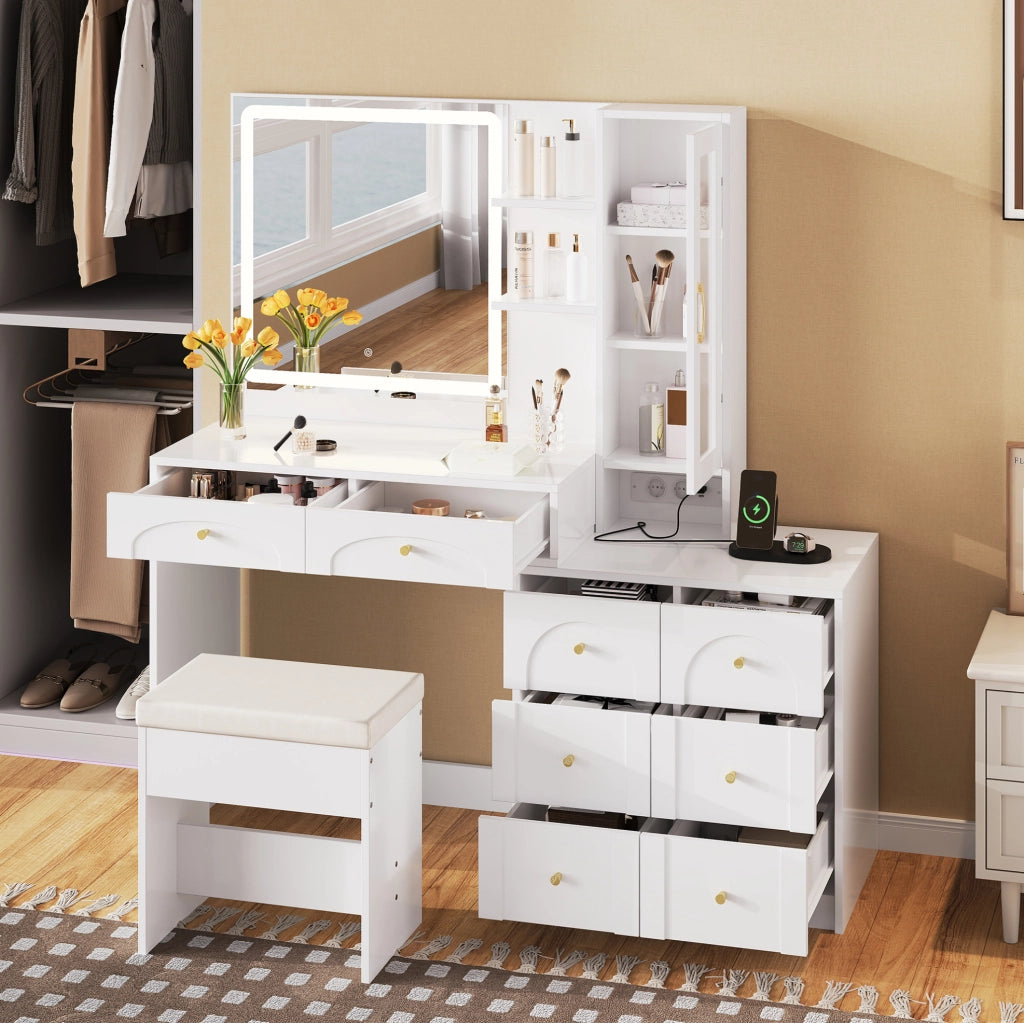 Tavolo da toeletta 131.5x40x140 cm con specchio LED; 8 cassetti e hocker; MDF e vetro; bianco