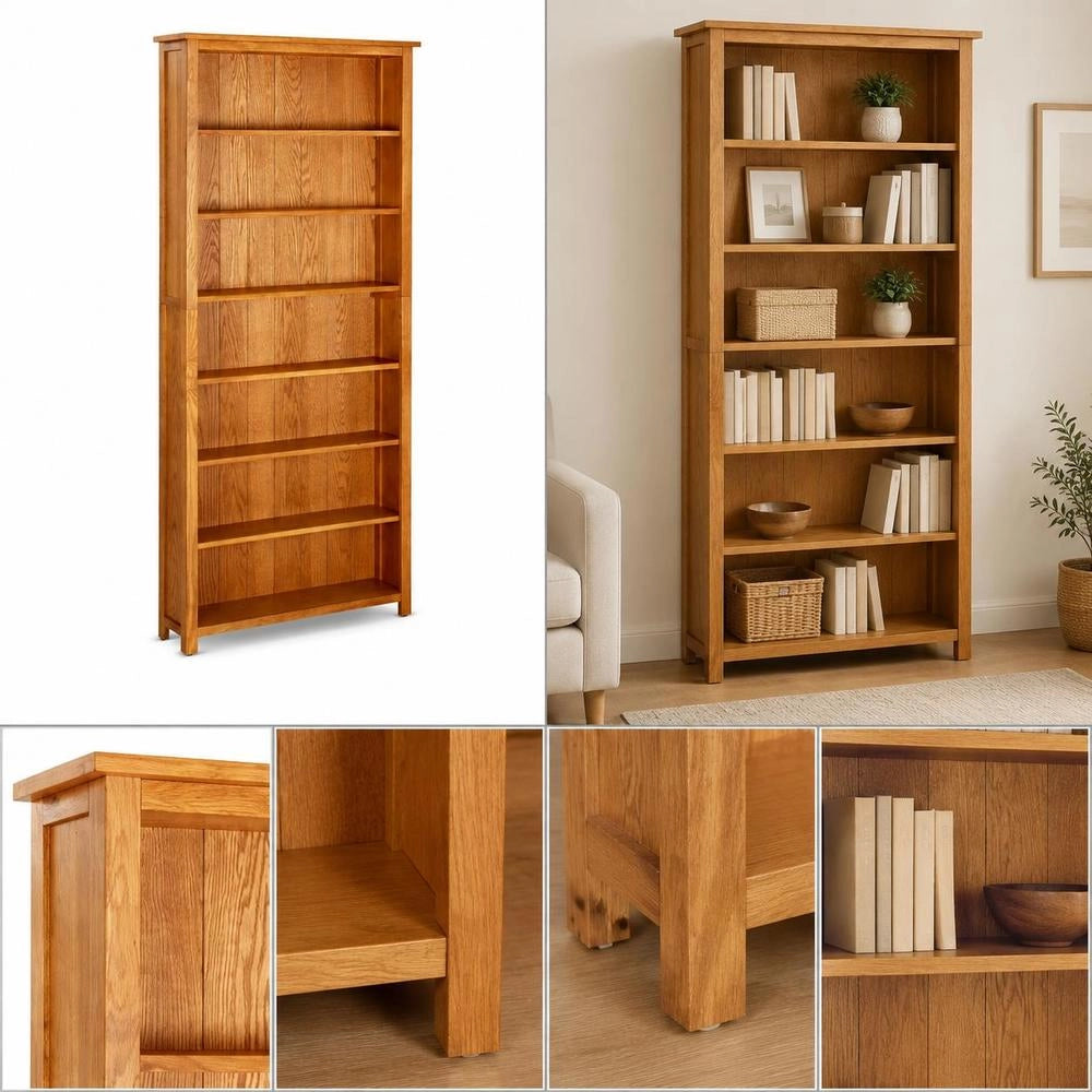 Bookshelf With 7 Compartments, 90x22.5x200 Cm, Solid Oak Wood