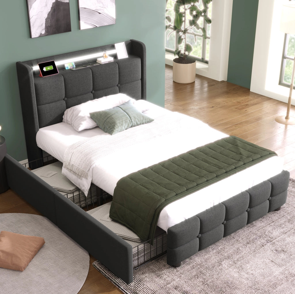 Letto singolo 90x200 cm con LED; porta USB e 2 cassetti; grigio