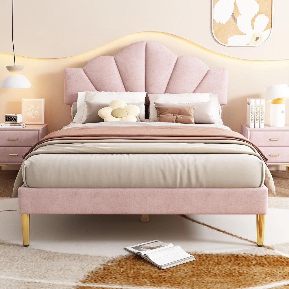 Letto Imbottito Matrimoniale in Velluto ¨C MINIMAL ¨C Rosa 140x190, Testiera Regolabile, Doghe in Legno