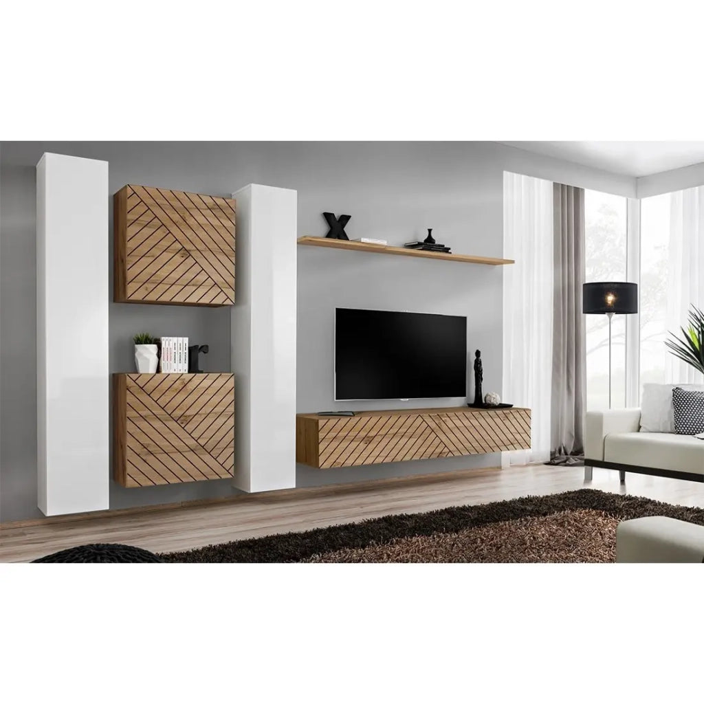 Set di mobili da salotto design SWITCH VI, bianco/quercia, finitura bianco lucido e quercia effetto fresato