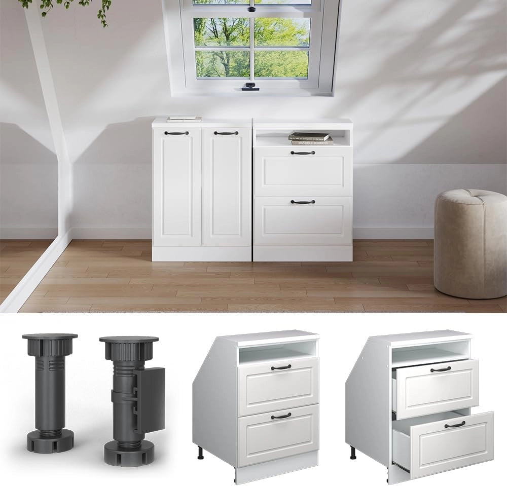 Mobile sottotetto Rion, Bianco casa di campagna, 60 x 81.6 cm con 2 cassetti, carcassa 60 cm profondità, adatto per il salvaspazio sotto tetti spioventi