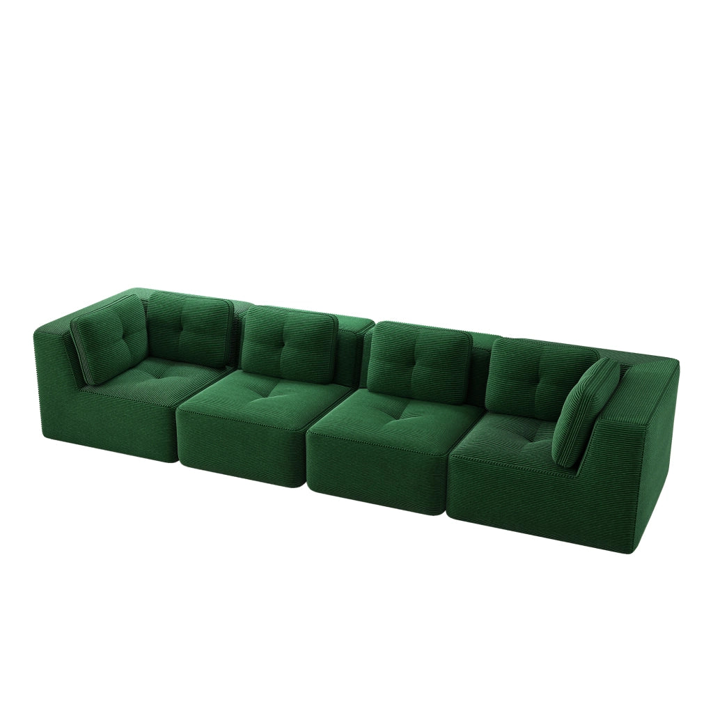 Divano Angolare Modulare 4 Posti ¨C MINIMAL ¨C Verde, Tessuto a Coste, Senza Braccioli, Cuscini Morbidi