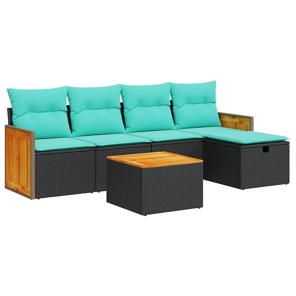 Set Divano da Giardino 6 pz con Cuscini Nero in Polyrattan