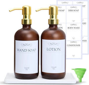 Set di dispenser di sapone in vetro da 2 pezzi 500 ml con ciotola ceramica Dispensatore di detersivo per cucina e bagno Dispensatore di shampoo per riempire, pompino, dispenser con adesivi, secchio