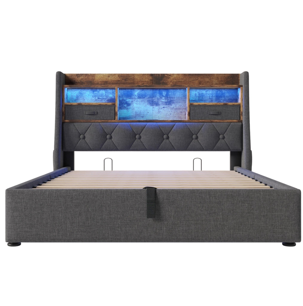 Letto imbottito 140x190 con contenitore, LED e porte USB