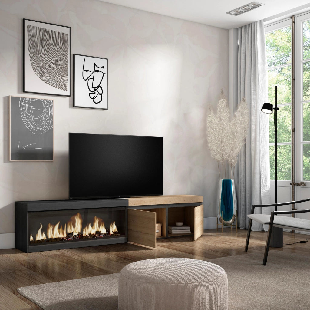 Mobile TV Soggiorno, 208x35x45cm, Per TV fino a 80", Camino elettrico XXL, colore Rovere e nero RF3264