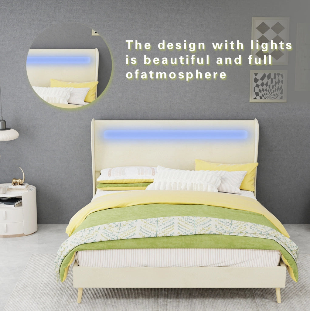 Letto imbottito con testiera regolabile e LED multicolore; 140 x 200 cm; beige