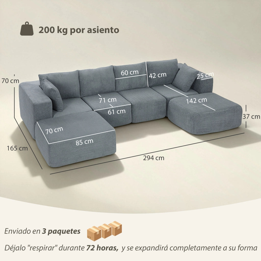 Divano angolare modulare a U ¨C Zephmum ¨C Tessuto grigio scuro con 2 sgabelli e 2 cuscini