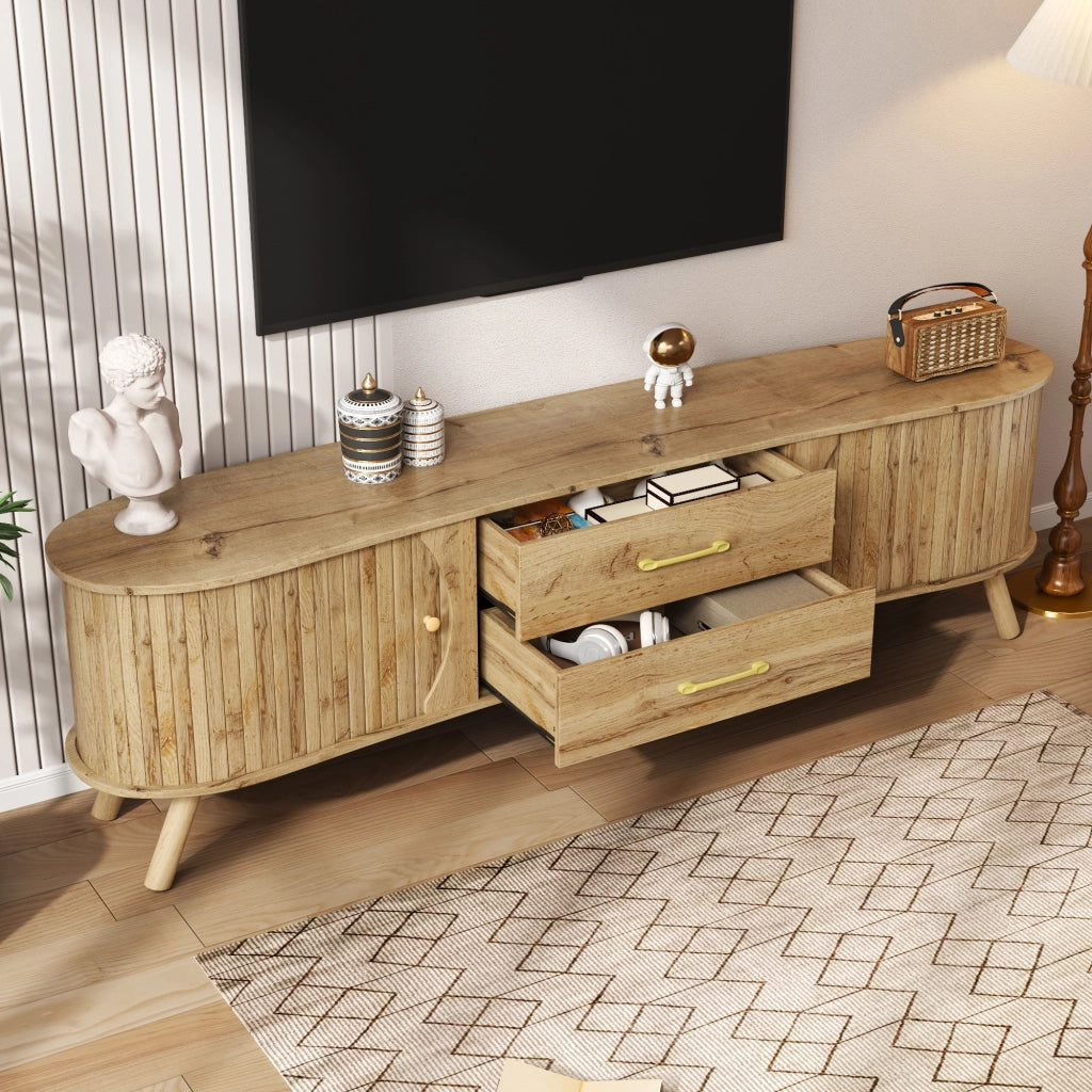 Mobile porta TV con 2 ante scorrevoli e 2 cassetti effetto scanalato verticale per soggiorno naturale 160 × 36,5 × 55 cm