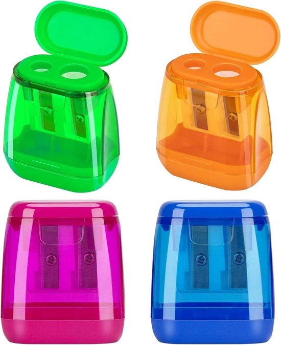Puntenslijper con Contenitore per Pennelli Sottili e Spesse, 4 Pezzi, Doppie Fessure, Scatola, Adatto ai Bambini, 4 Colori