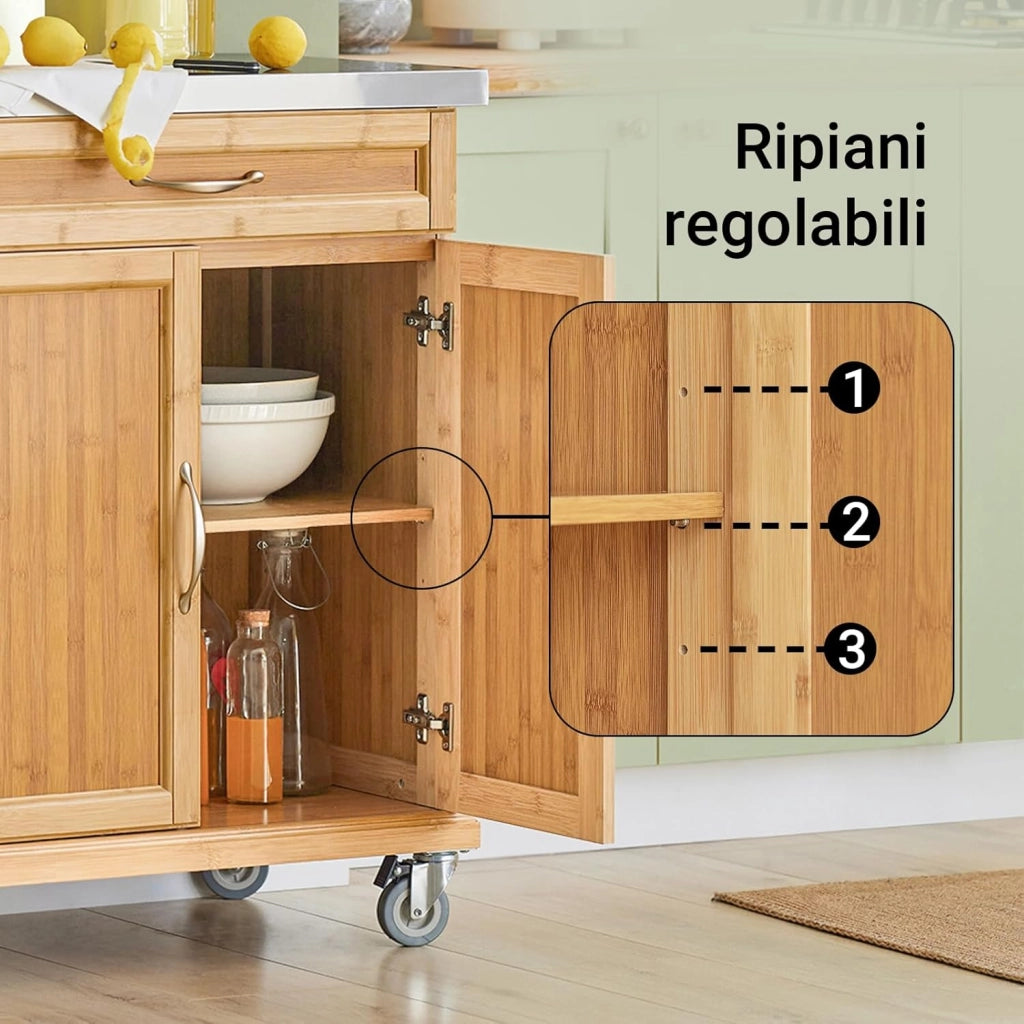 Carrello cucina con ruote, piano in acciaio inox, mobile cucina salvaspazio in bambù, isola cucina moderna – Ideale per cucina, sala da pranzo o ristorazione – 66x92x46 cm, FKW13-N