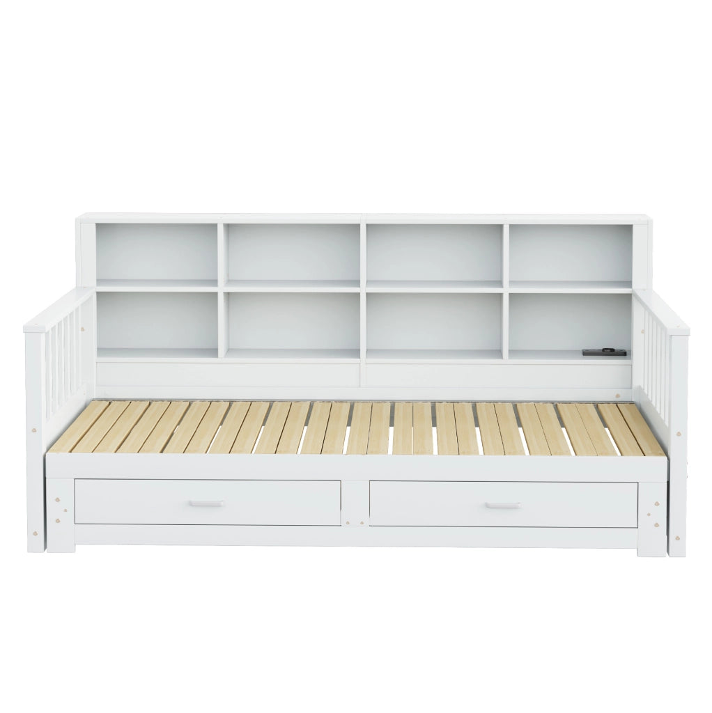 Divano letto 90x190 cm estraibile con contenitore; presa e 2 cassetti legno bianco