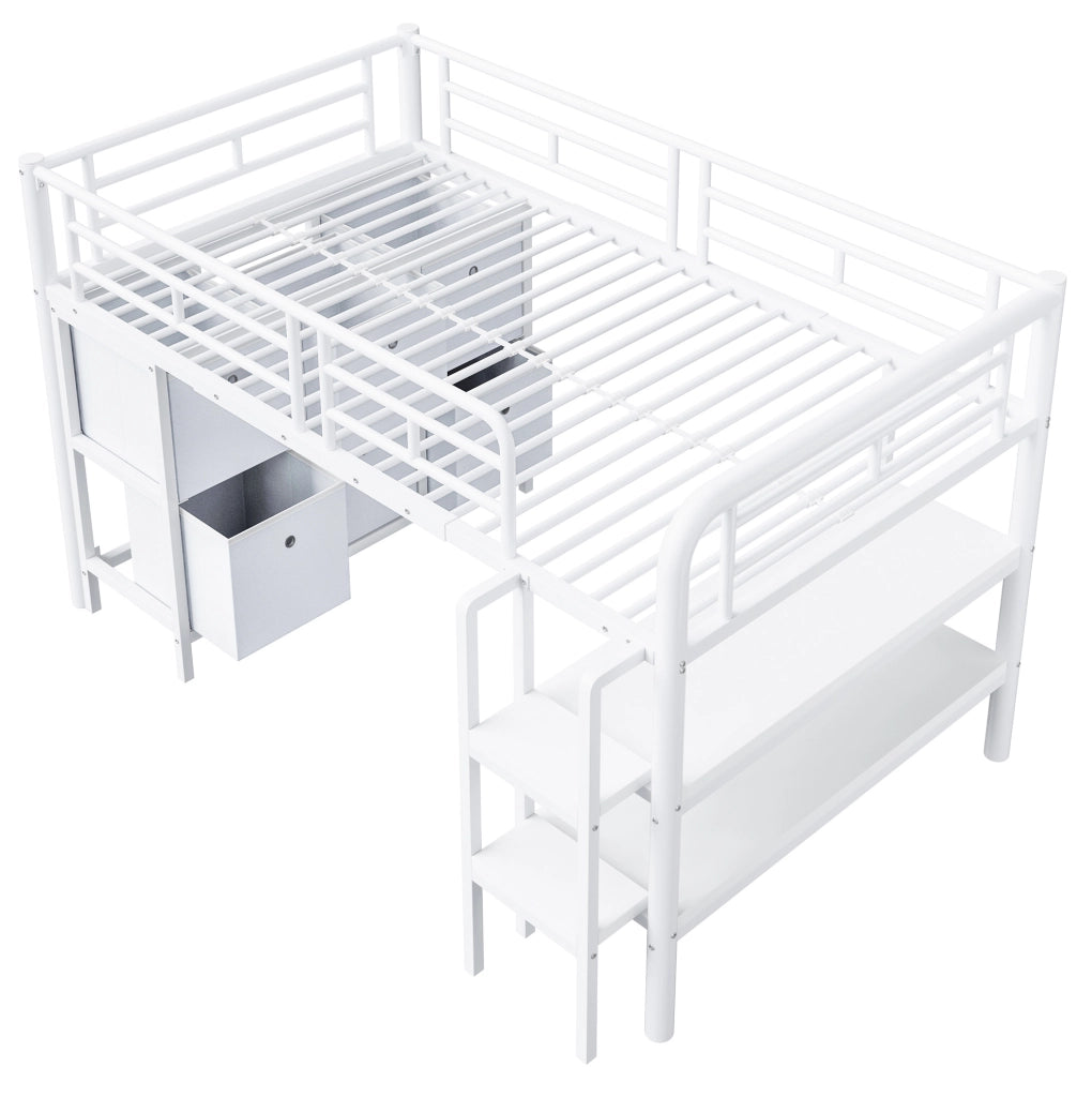 Letto a soppalco basso per bambini 90x200 cm in metallo e MDF bianco con scala e cassetti