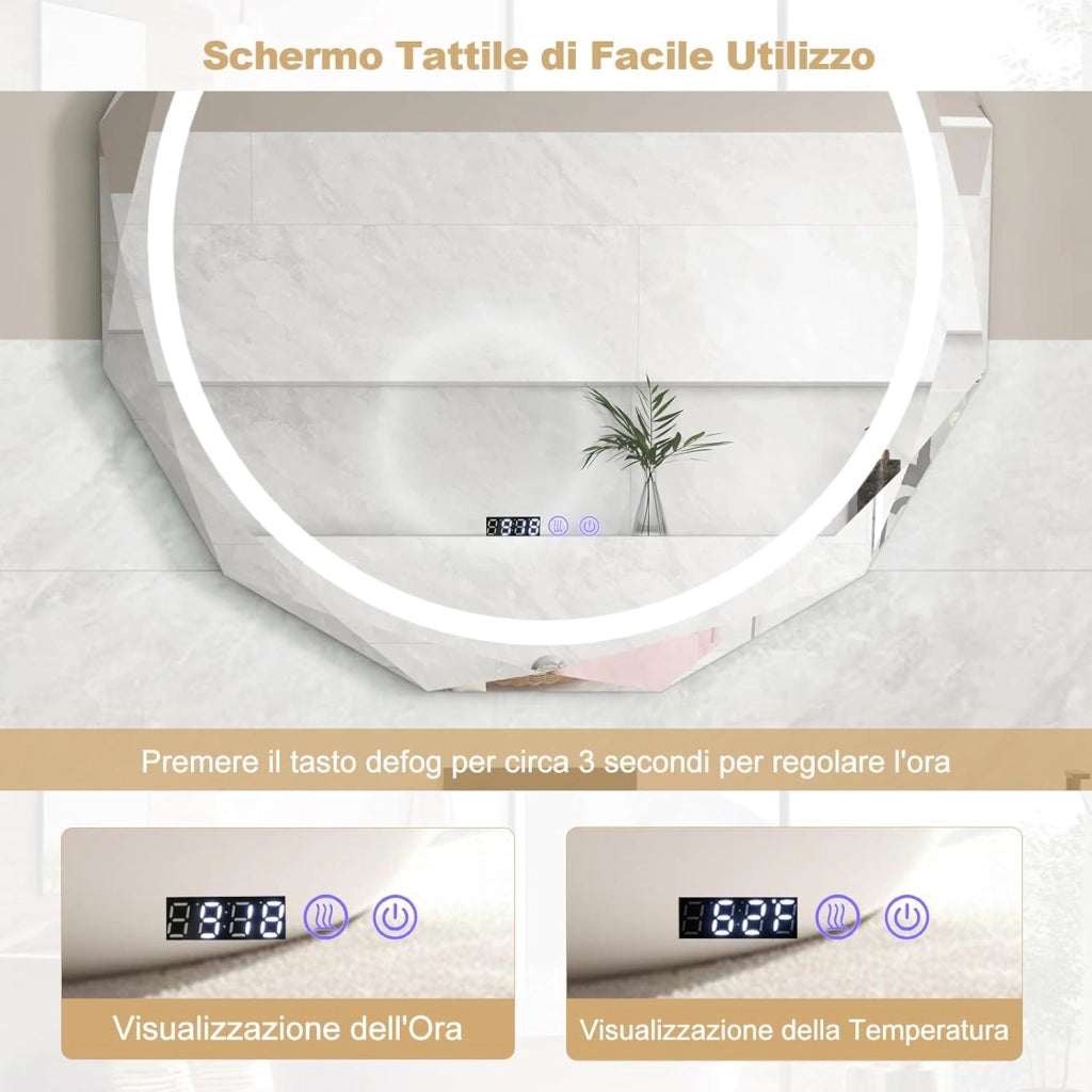 Specchio da Parete 76 x 76cm, Specchio Rotondo con Merletto con Temperatura di 3 Colori Continuamente Regolabili, Resistente agli Urti, Memoria, Lettura di Tempo e Temperatura