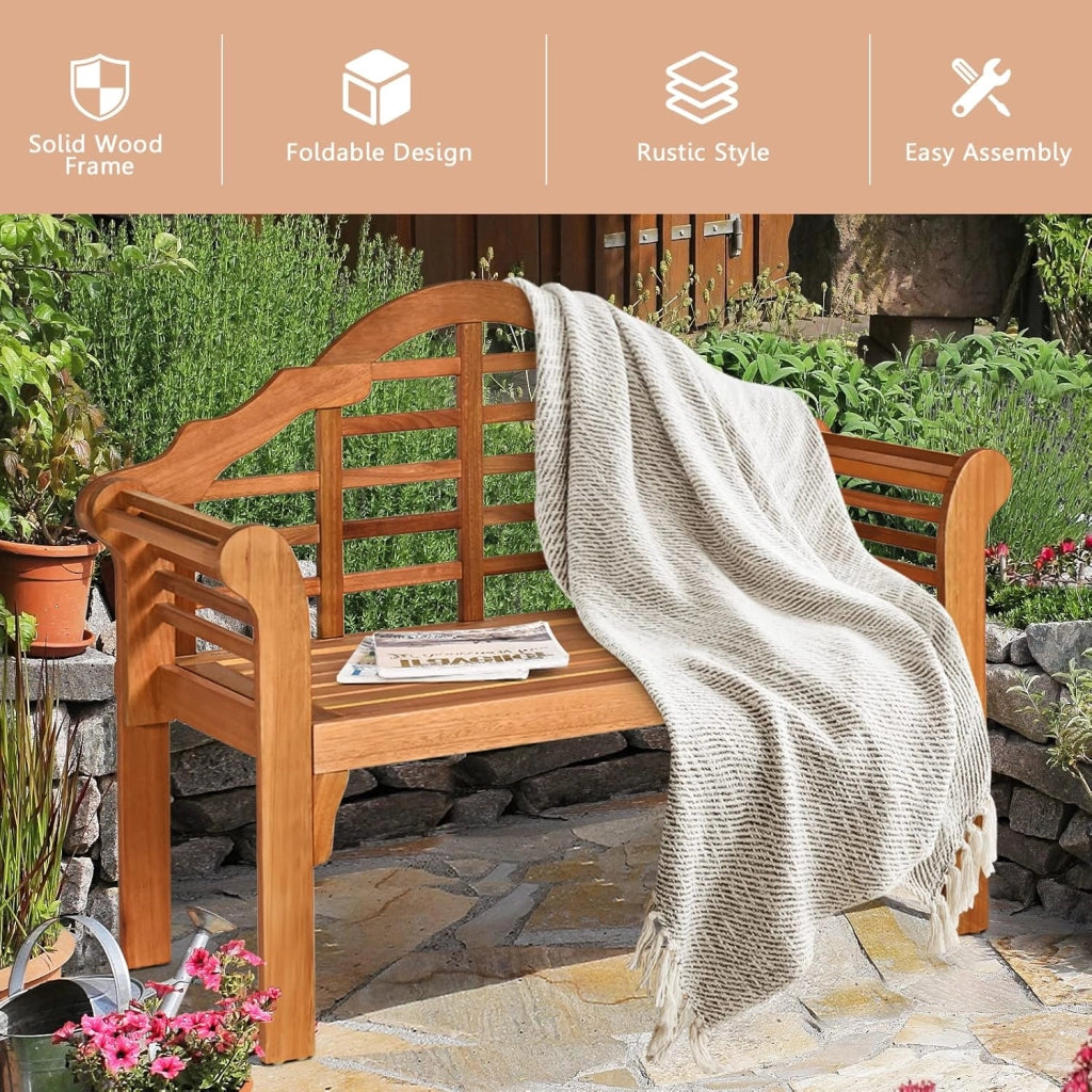 Panca da giardino pieghevole in legno per 2 persone, panca da giardino dal design elegante con schienale inclinato e braccioli ergonomici, panca da esterno di carico 320 kg per giardino