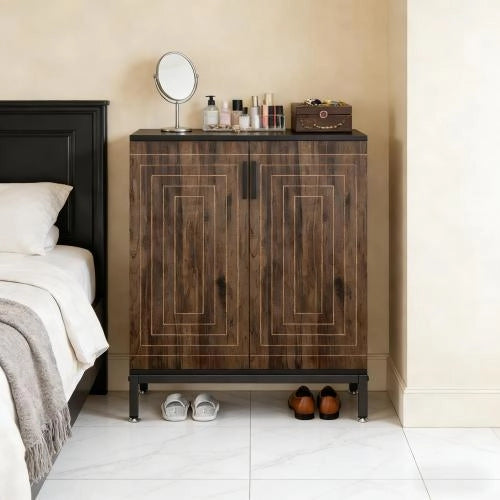 Scarpiera con 2 ante e 5 ripiani, motivo geometrico, per ingresso, in MDF e metallo, nero, 80 × 38 × 95 cm