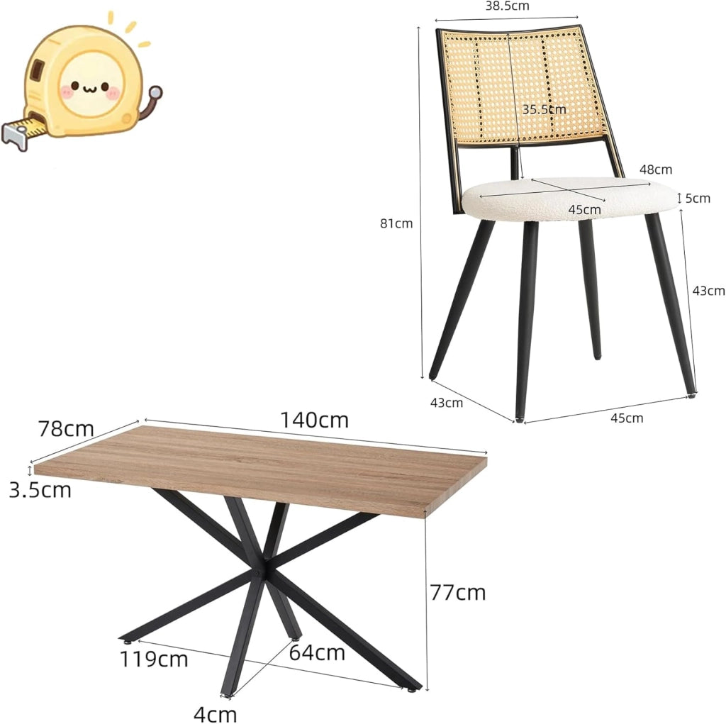 GrandCA HOME Set Tavolo e Sedie da Pranzo,Tavolo da Pranzo Quadrato da 140cm,4 Sedie Iimbottite in Rattan,sedie Imbottite in Rattan,Adatte Per Sala da Pranzo,Cucina e Soggiorno #02