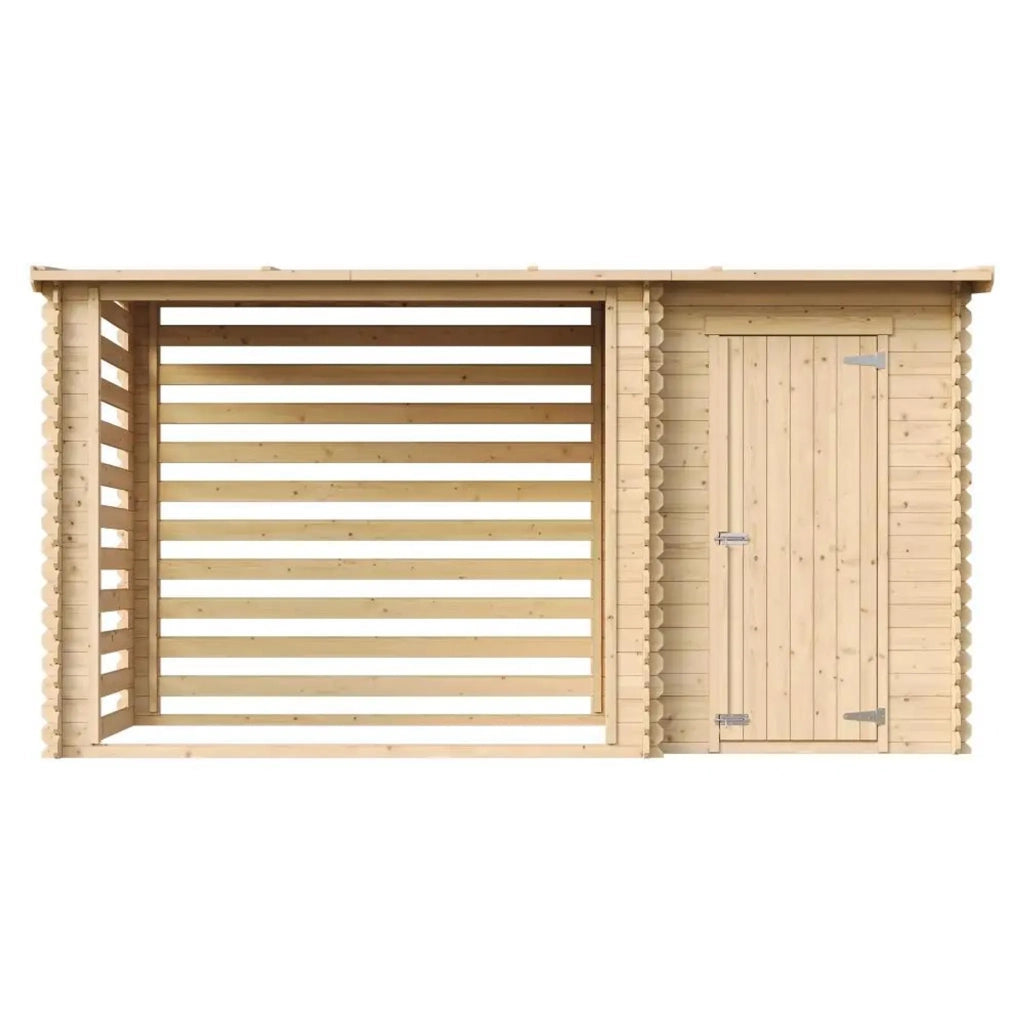 Casetta da Giardino in Legno per Esterni con legnaia- A199x348x146 cm - 2,54 m2+1,1 m2 - TIMBELA M205