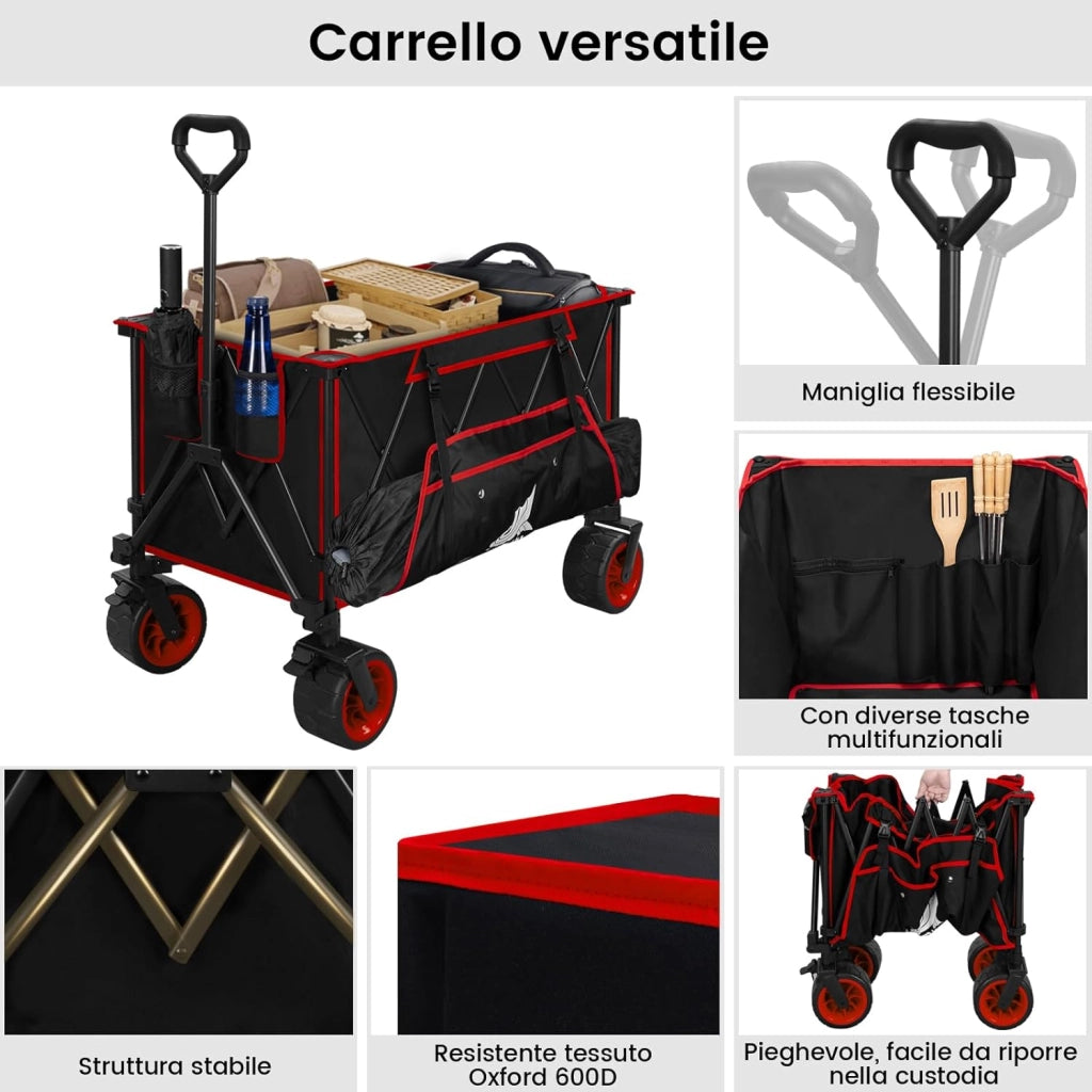 Carrello Pieghevole con Ruote da Spiaggia, Giardino, Campeggio, Viaggio, Spesa, con Borsa di Trasporto, Oxford+Acciaio, Nero+Rosso