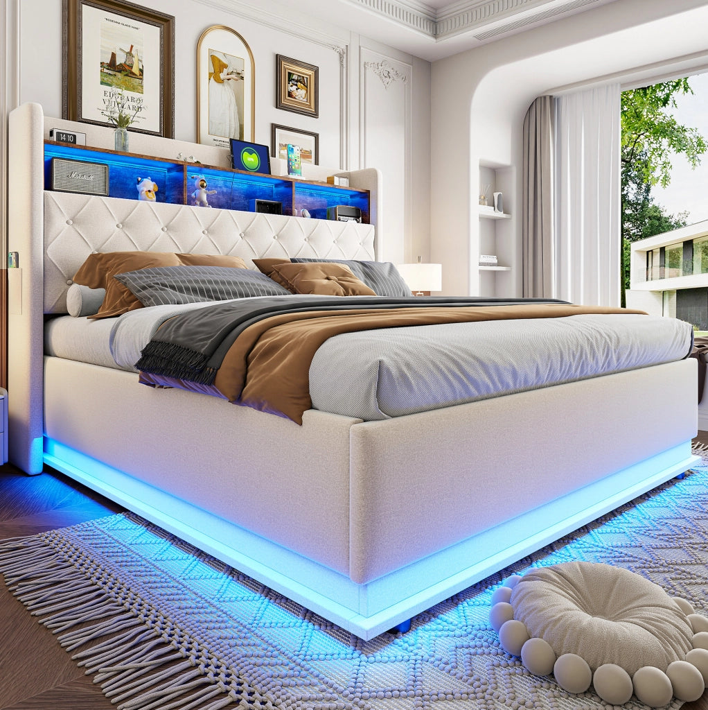 Letto imbottito 180x200 cm; luci LED multicolore e USB; tessuto; beige