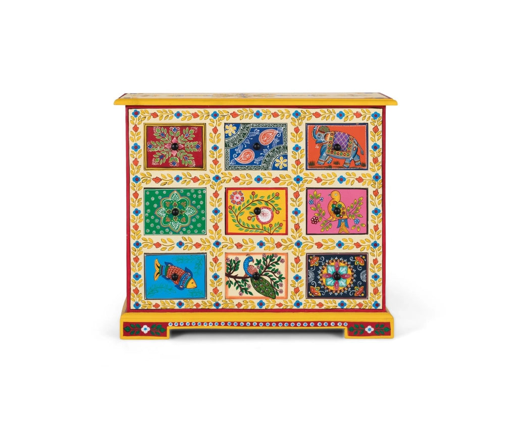 Credenza con 9 cassetti multicolori dipinti a mano